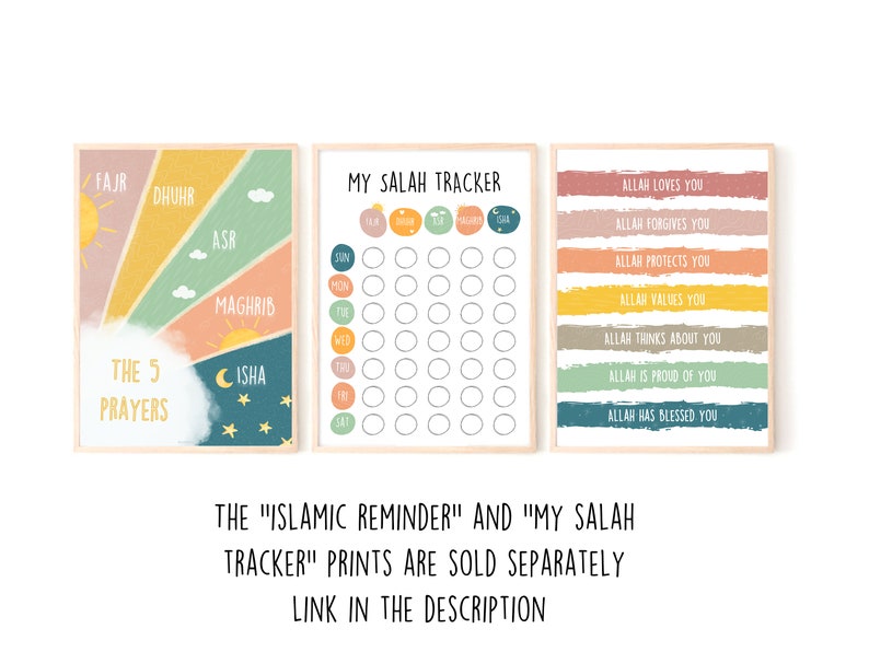 May include: Two printable posters with a colourful rainbow design. The first poster is titled "The 5 Prayers" and lists the five daily prayers in Islam. The second poster is titled "My Salah Tracker" and has a grid for tracking daily prayers.