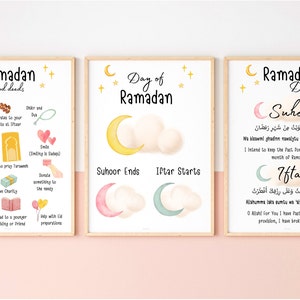 May include: Three framed watercolor prints with a Ramadan theme. The prints feature text and illustrations about Ramadan, including good deeds, the day's schedule, and duas. The color palette includes soft yellows, pinks, and blues.
