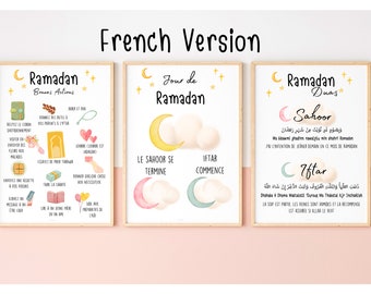 Ensemble d'estampes du Ramadan, Suhoor français et suivi du temps de l'Iftar, Bonnes actions du Ramadan, Duas du Ramadan, Décoration d'intérieur du Ramadan, Ramadan imprimable,