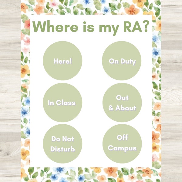 RA Door Sign Editable Green Floral Resident Advisor Sign | Digital Download | College | Resident Assistant Where am I board