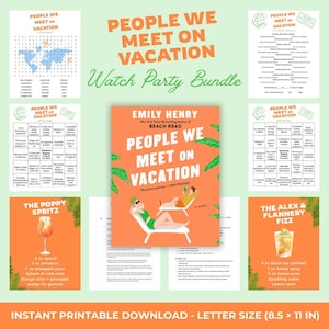 May include: A bundle of printable materials with the title "People We Meet on Vacation." The central focus is a book with an orange cover and the same title. Additional elements include word searches, bingo cards, and cocktail recipes, all themed around the book.