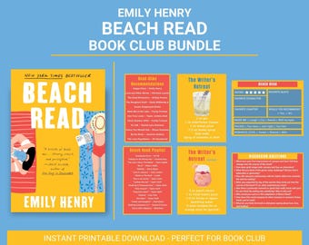 May include: Printable book club bundle for the novel "Beach Read" by Emily Henry. The bundle includes a book cover, discussion questions, read-alike recommendations, a cocktail recipe, and a playlist.