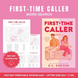 Puede incluir: Una descarga digital rosa con un juego de búsqueda de palabras y una portada de libro. El juego de búsqueda de palabras se titula "First-Time Caller" y la portada del libro presenta a dos personas sentadas en una radio. El texto dice "Descarga instantánea".