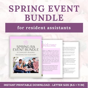 May include: A printable guide for resident assistants titled "Spring RA Event Bundle" with 15 community-building programs for dorms. The cover features a group of students working on a laptop with a pink floral background.