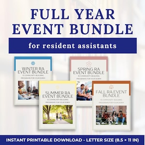 May include: Four printable event bundle covers for resident assistants. Each cover features a different season: winter, spring, summer, and fall. Each cover has a title, a description, and a graphic image.