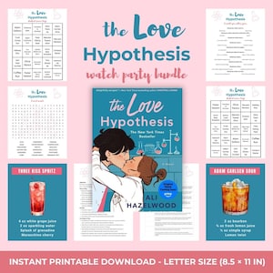 May include: A digital watch party bundle for The Love Hypothesis featuring a book cover, bingo cards, word search, and cocktail recipes. The bundle includes instructions and drink cards for Three Kiss Spritz and Adam Carlsen Sour, sized 8.5 by 11 inches.