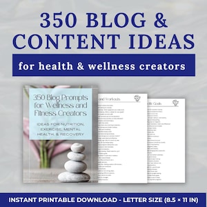 May include: A digital download titled "350 Blog & Content Ideas for health & wellness creators." The cover features a stack of stones and the text "350 Blog Prompts for Wellness and Fitness Creators." The download is letter size, 8.5 x 11 inches.