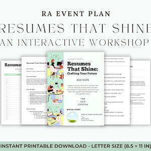 May include: A printable event plan template for a workshop titled "Resumes That Shine: Crafting Your Future". The template includes sections for adding the date, time, location, and special guest information. The design features a green and white color scheme with illustrations of people.