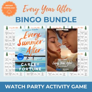 May include: Every Year After Bingo Bundle watch party activity game featuring a book cover for Every Summer After by Carley Fortune and a promotional image for the Prime Original series Every Year After, with multiple bingo cards displayed.