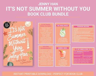 May include: A book club bundle with the book "It's Not Summer Without You" by Jenny Han, along with related materials. The bundle includes a playlist, cocktail recipes, discussion questions, and reading recommendations. The design features a coral and pink color scheme.