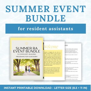 May include: A printable guide for resident assistants titled "Summer RA Event Bundle" with 15 community-building programs for dorms. The guide features a welcome message and a list of event ideas. The cover image shows two people walking on a path in a park.