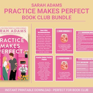 Op de afbeelding: Printbare boekclubbundel voor "Practice Makes Perfect" van Sarah Adams. Bevat discussievragen, drankrecepten, afspeellijst en leesadviezen.