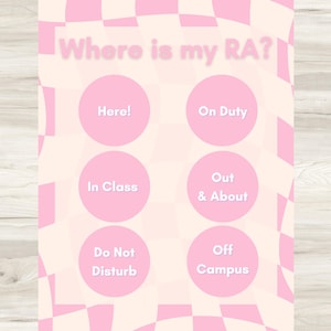 RA Door Sign Editable Pink Checker Resident Advisor Sign | Digital Download | College | Resident Assistant Where am I board