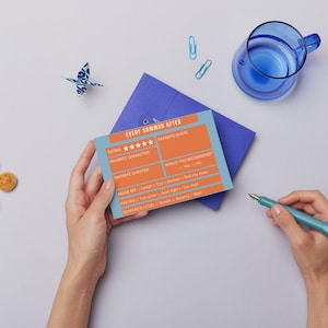 May include: A light blue and orange card with the text "Every Summer After" and a rating system. The card has sections for "Rating", "Favorite Character", "Favorite Chapter", "Made Me", "Romance Level", and "Would You Recommend".