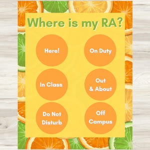 Editable Citrus Themed &quot;Where Am I&quot; RA Board | Digital Download | Resident Assistant Door Sign | College Housing PDF