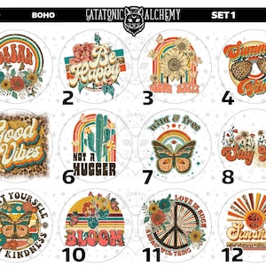 May include: Set of 12 round boho style stickers with various designs and text. The stickers feature a rainbow, butterflies, flowers, and text such as "Be Happy", "Good Vibes", "Wild & Free", "Stay Wild", and "Be the Sunshine".