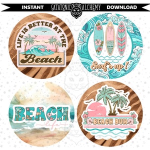 May include: Four round stickers with a beach theme. The first sticker has a sunset with palm trees and the text "Life is better at the beach". The second sticker has three surfboards with waves and the text "Surf's up!" The third sticker has a beach scene with the text "Beach life". The fourth sticker has a sunset with palm trees and the text "Beach Bum".