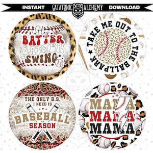 May include: Four round, colorful, baseball-themed stickers with leopard print backgrounds. The stickers feature the phrases "Hey Batter Batter Swing", "Take Me Out To The Ballpark", "The Only B.S. I Need Is Baseball Season", and "Mama Mama Mama" with a lightning bolt.