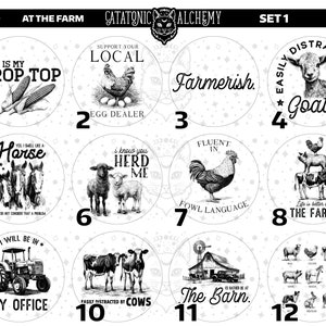 May include: A set of 12 black and white illustrated round stickers with farm-themed sayings. The stickers feature images of a rooster, a horse, a cow, a pig, a goat, and corn. The text on the stickers includes phrases like "This is my crop top", "I know you herd me", "Fluent in fowl language", and "Life is better on the farm".