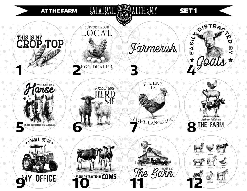 May include: A set of 12 black and white illustrated round stickers with farm-themed sayings. The stickers feature images of a rooster, a horse, a cow, a pig, a goat, and corn. The text on the stickers includes phrases like "This is my crop top", "I know you herd me", "Fluent in fowl language", and "Life is better on the farm".