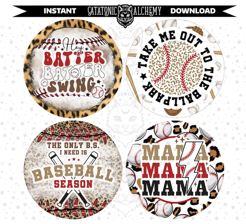 May include: Four round, colorful, baseball-themed stickers with leopard print backgrounds. The stickers feature the phrases "Hey Batter Batter Swing", "Take Me Out To The Ballpark", "The Only B.S. I Need Is Baseball Season", and "Mama Mama Mama" with a lightning bolt.