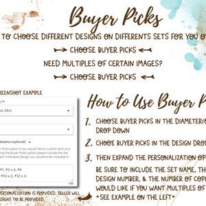 May include: A graphic explaining how to use the "Buyer Picks" option on Etsy listings. The graphic shows a screenshot of an Etsy listing with a drop-down menu for "Diameter/Quantity" and "Design". The graphic also includes instructions on how to use the "Buyer Picks" option to customise your order.