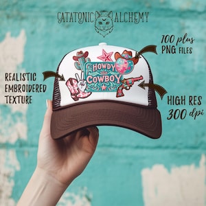 Western-faux-truckerhoedpatches 100+ png-bestanden, sublimatiedownloads geborduurde patch, clipartontwerp cowgirl voor versjes, petten, shirts