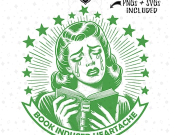 May include: A green and white illustration of a woman crying while reading a book. The text around the woman reads "Book Induced Heartache".