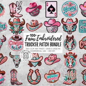 Western Faux Embroidered Patchs 100+ PNG Files, Trucker Hat Patch Sublimation Downloads, Country Clip Art Design for Freshies, Caps, Shirts