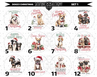 May include: Twelve illustrated Christmas ornaments featuring different dog breeds. Each ornament has a festive holiday message and a dog breed name. The ornaments are white with red and green accents.