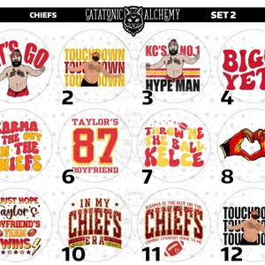 May include: A collection of twelve circular designs with text and illustrations related to the Kansas City Chiefs football team. The designs feature phrases like "Let's Go," "Touchdown," and "Big Yeti," along with player references and team logos. The color scheme is primarily red, yellow, and white.