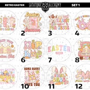 May include: Set of 12 retro Easter themed stickers with various designs, including bunnies, chicks, eggs, and Easter greetings. The stickers are on a white background with a pink, blue, and yellow color scheme.
