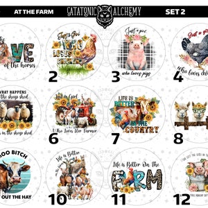 May include: Twelve round white stickers with farm-themed designs and text. The designs include a pig, a chicken, a cow, a llama, and a sheep. The text includes phrases like "Just a girl who loves pigs", "Life is better in the country", and "Moo Bitch, Get Out The Hay".