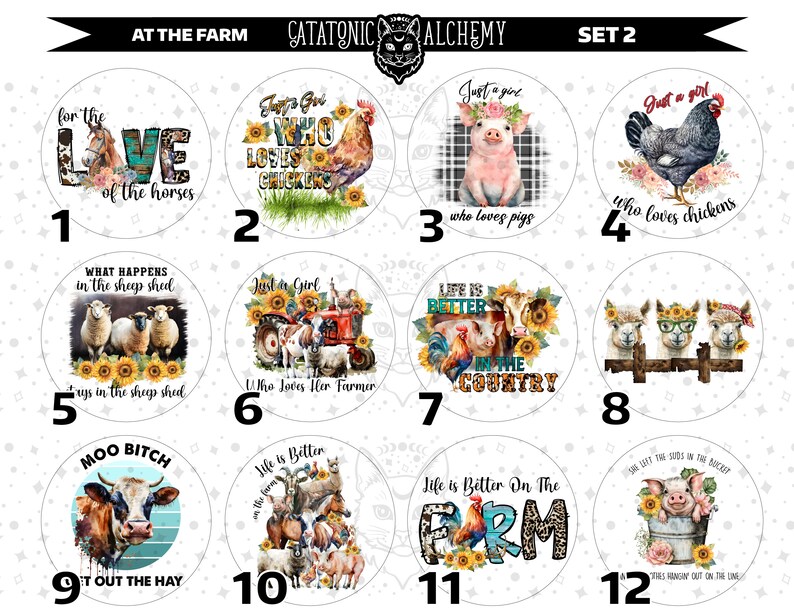 May include: Twelve round white stickers with farm-themed designs and text. The designs include a pig, a chicken, a cow, a llama, and a sheep. The text includes phrases like "Just a girl who loves pigs", "Life is better in the country", and "Moo Bitch, Get Out The Hay".