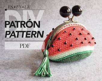 Watermeloen haak PATROON portemonnee, DIY haak ambacht voor volwassenen, kiss lock portemonnee met kristallen kralen, afdrukbare digitale pdf