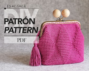 PATRÓN Monedero con candado tipo beso a crochet con instrucciones para forrar el interior. Cómo crear este diseño de bolso de diamantes en relieve con marco de 10,5 cm.