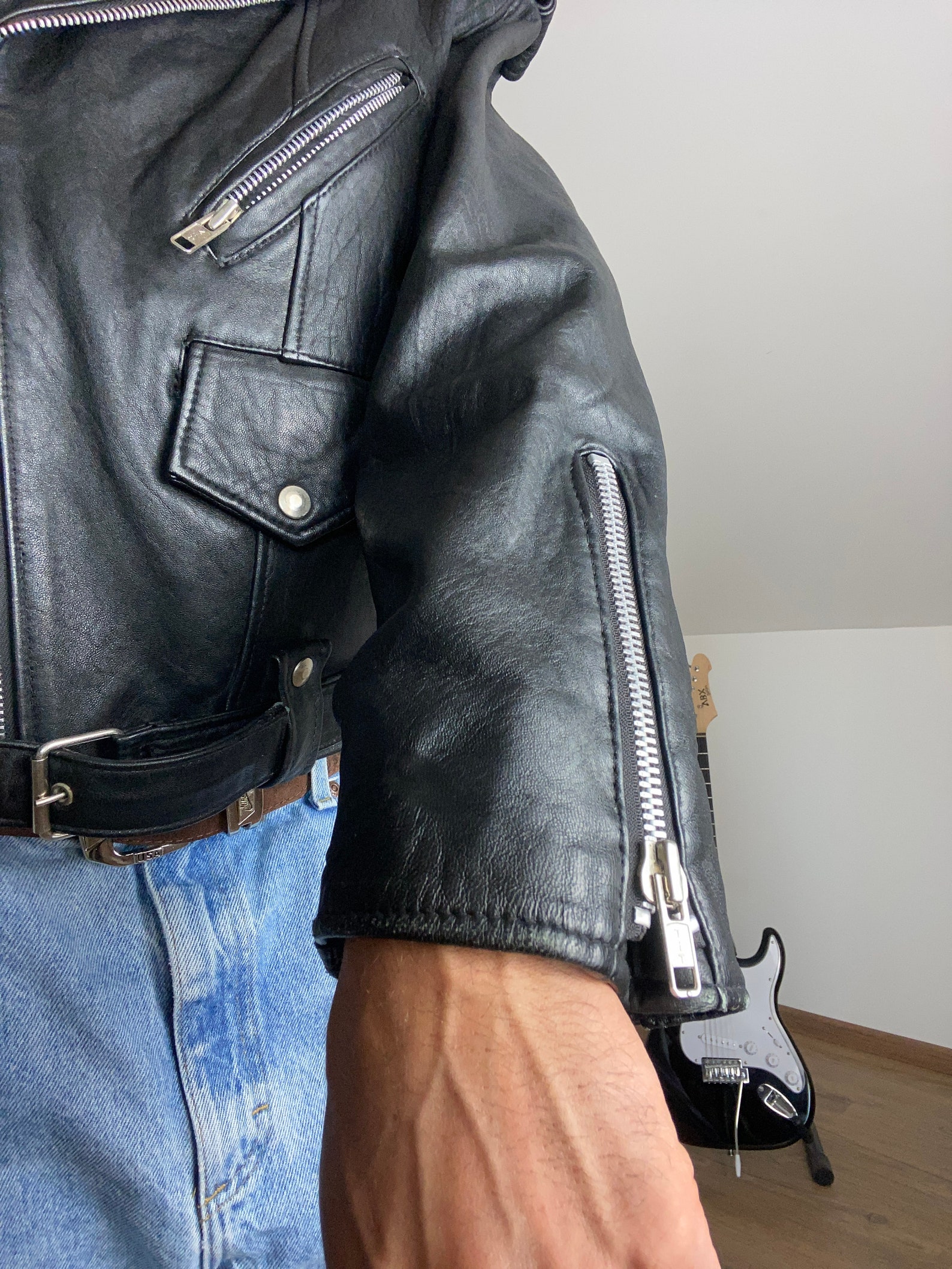 Faux Leather Round Neck Biker Jacket