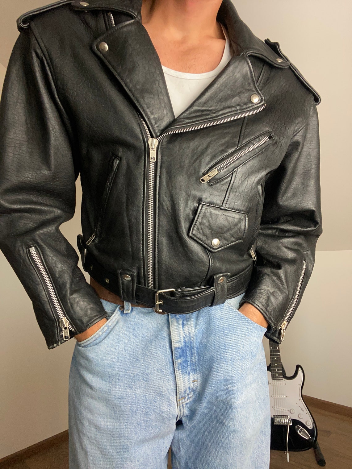 Snobbish Faux Leather Biker Jacket with Side Zip Pockets