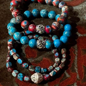 Santa Fe beaded bracelet stack in Turquoise and Red Coral