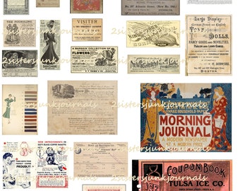 May include: A collage of vintage images, including advertisements, illustrations, and ephemera. The images feature a variety of subjects, such as coffee, flowers, a bicycle, and a newspaper. The images are in various shades of brown, red, blue, and green.