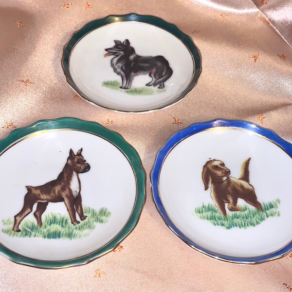 Dogs Hand Painted Trinket Dish Set (3), Vintage Jewelry Dishes, Puppy Decorative Dish, Dog Home Decor, Animal Lover Gift, Ring Holder