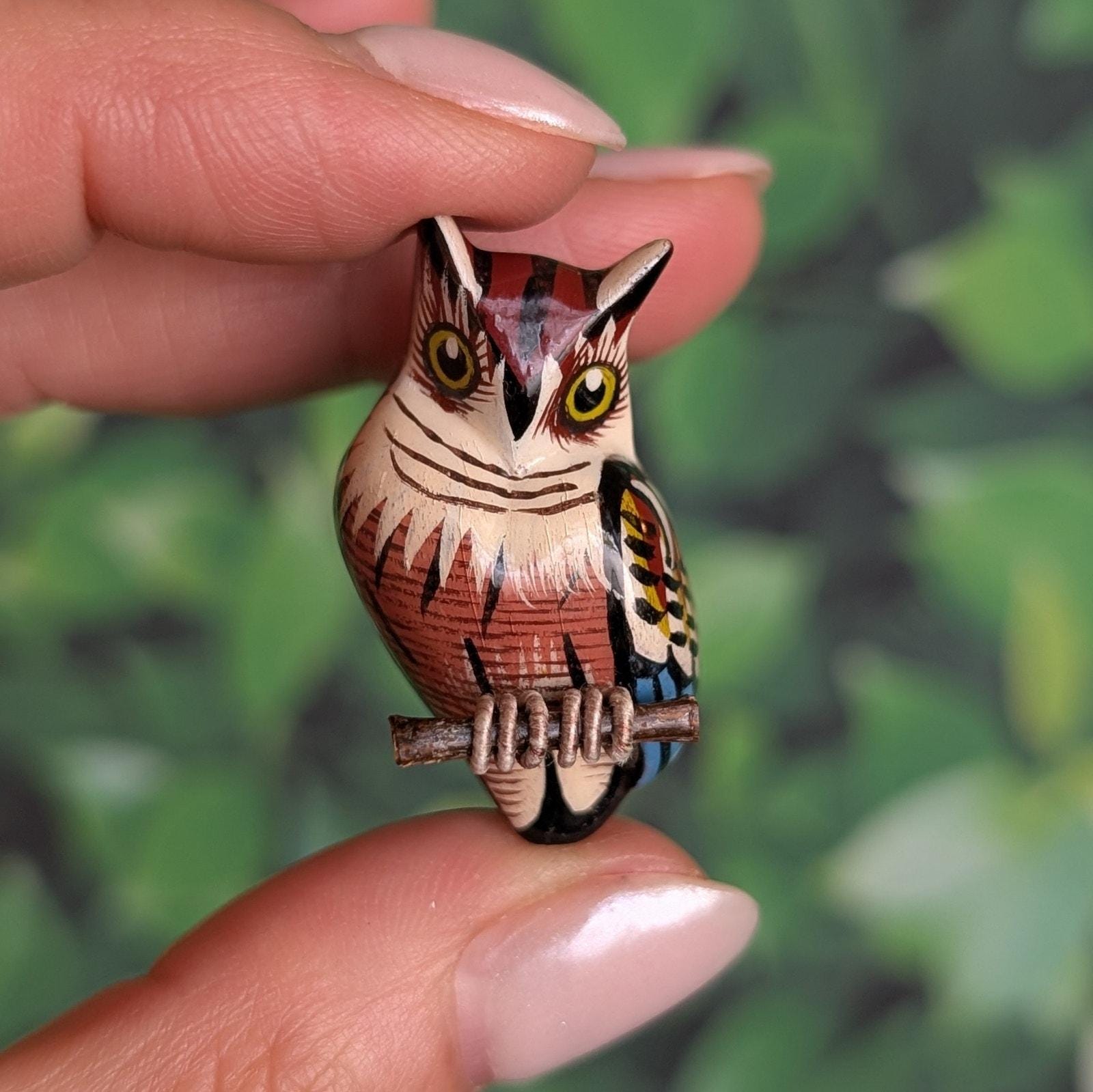 Vintage Takahashi Owl Brooch Wooden Hand Painted Unsigned Bird Pin Gump's Japan