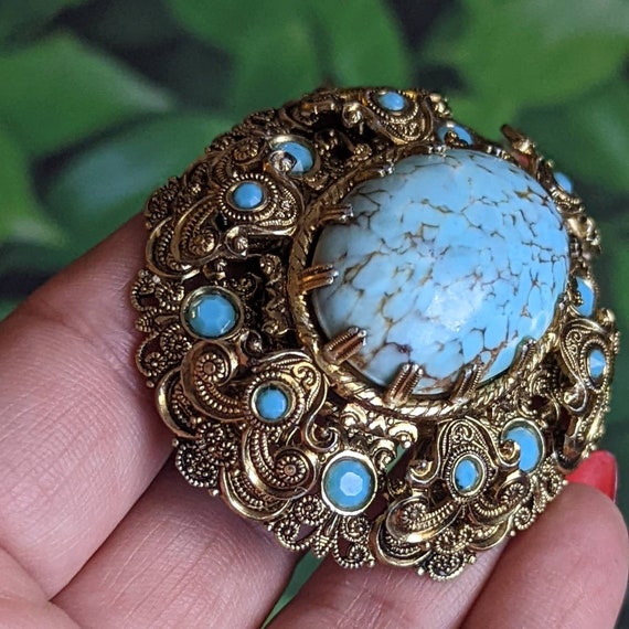 Vintage West Germany Brooch - Turquoise Art Glass… - image 3