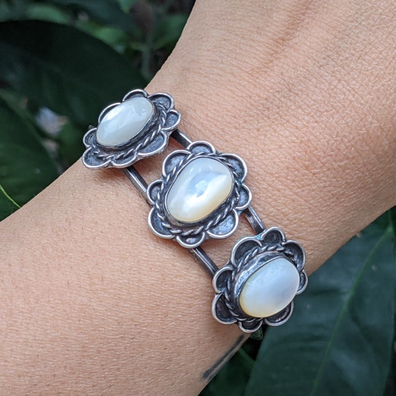 Vintage Silver Mother of Pearl Cuff Bracelet - Na… - image 1