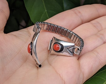 Vintage Native American Coral Watch Band - Sterling Silver Stamped Signed 925 Navajo Old Pawn Dainty Shadowbox Adjustable Bracelet
