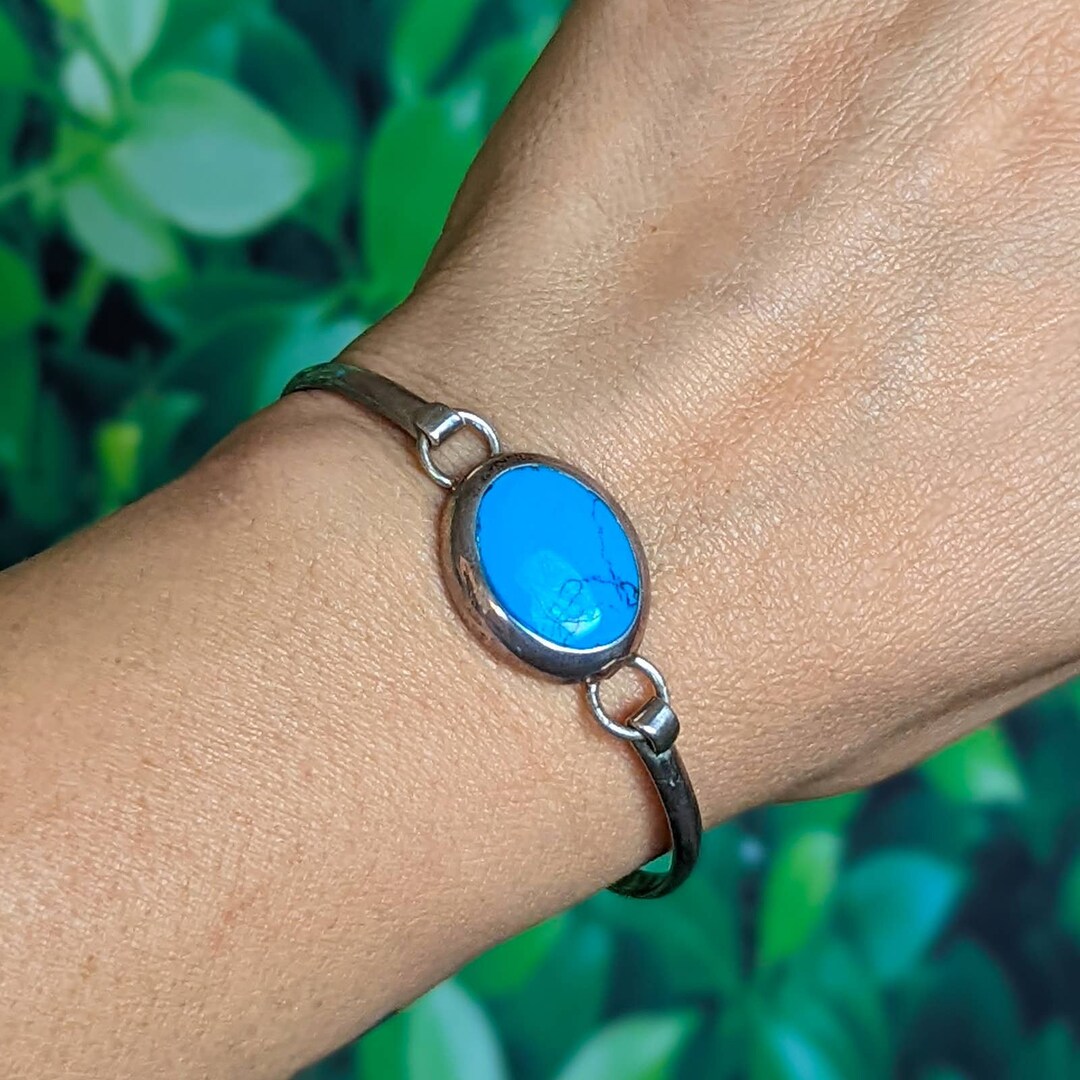Bracelet Large En Argent Sterling Et Turquoise Fait Main TMB Taxco Mexique - Bijou Vintage