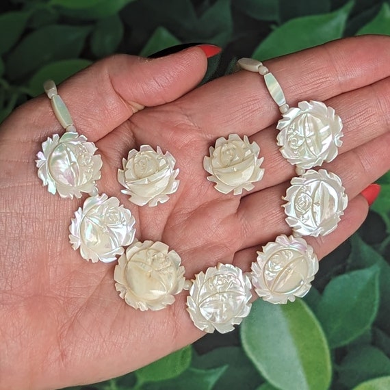 Vintage Mother of Pearl Set- Carved Rose Flower N… - image 5