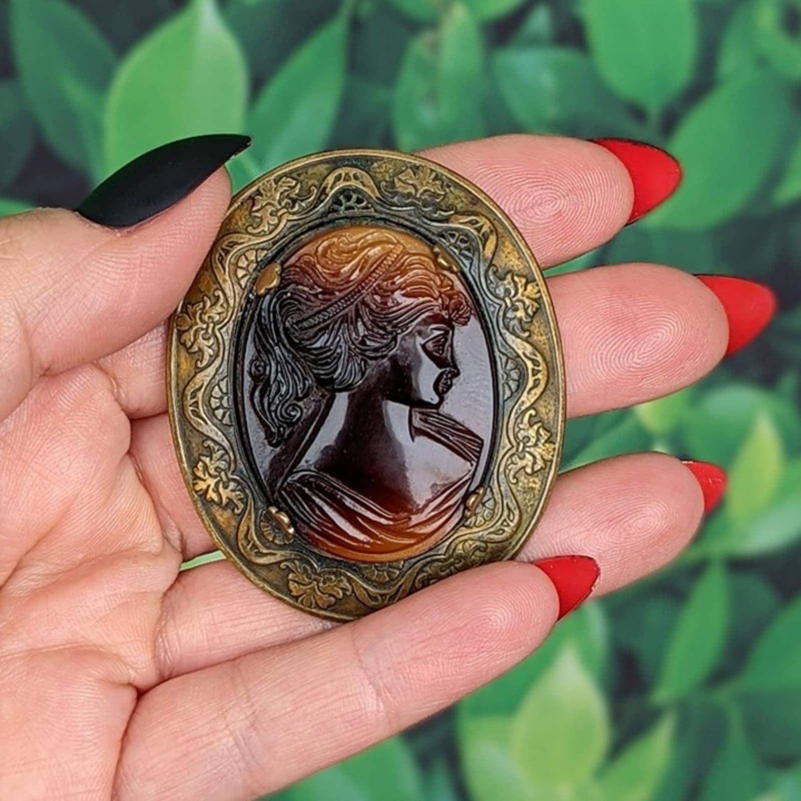 Broche Camée Vintage XL En Cristal Gris Antique - 71 X 41 Mm, Style Fleuri