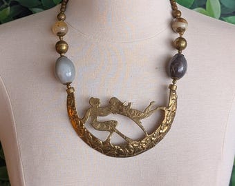 Vintage Brutalist Brass Indian Statement Collar Necklace Artisan Made Figurals