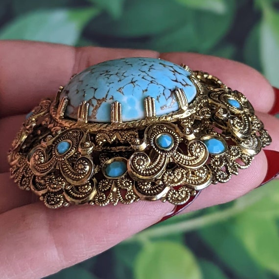 Vintage West Germany Brooch - Turquoise Art Glass… - image 4